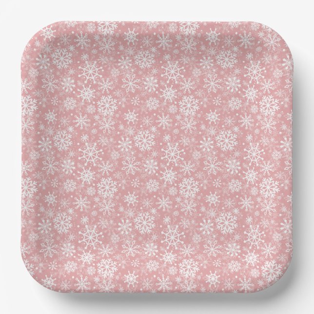 Christmas snowflakes pattern Pink Paper Plate (Front)