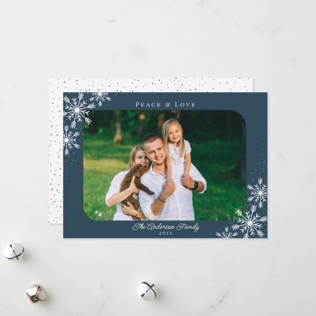 Christmas Snowflakes Peace & Love Photo Holiday Card (Front/Back In Situ)