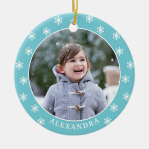 Christmas Snowflakes Photo Name Blue Ceramic Tree Decoration