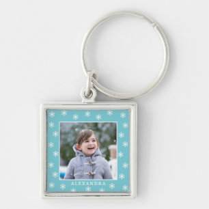 Christmas Snowflakes Photo Name Blue Key Ring