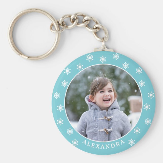 Christmas Snowflakes Photo Name Blue Key Ring (Front)