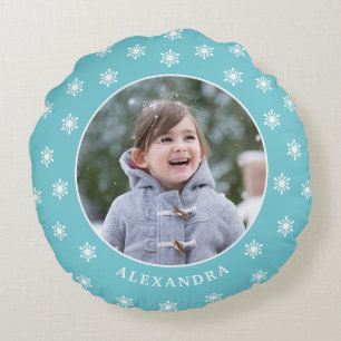 Christmas Snowflakes Photo Name Blue Round Cushion