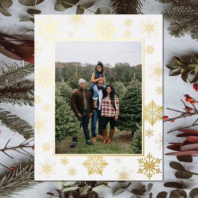 Christmas Snowflakes Photo | White Foil Holiday Postcard (White Christmas Snowflakes Photo Gold Foil Holiday Card)