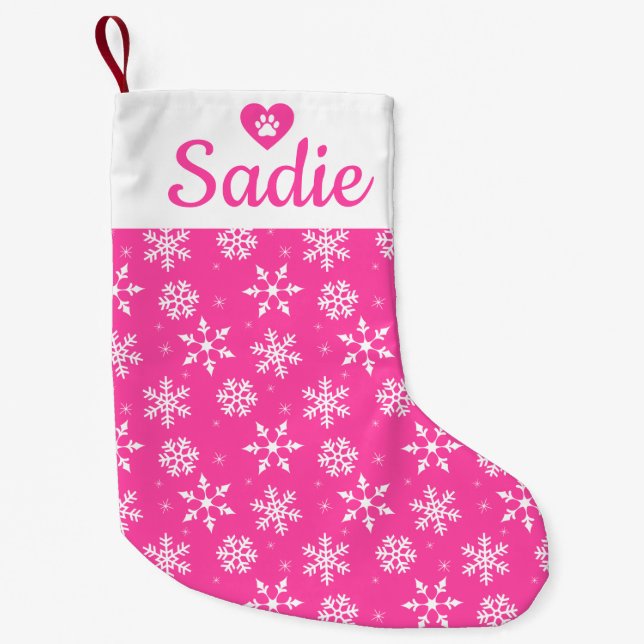 Christmas Snowflakes Pink White Dog Name Small Christmas Stocking (Front)