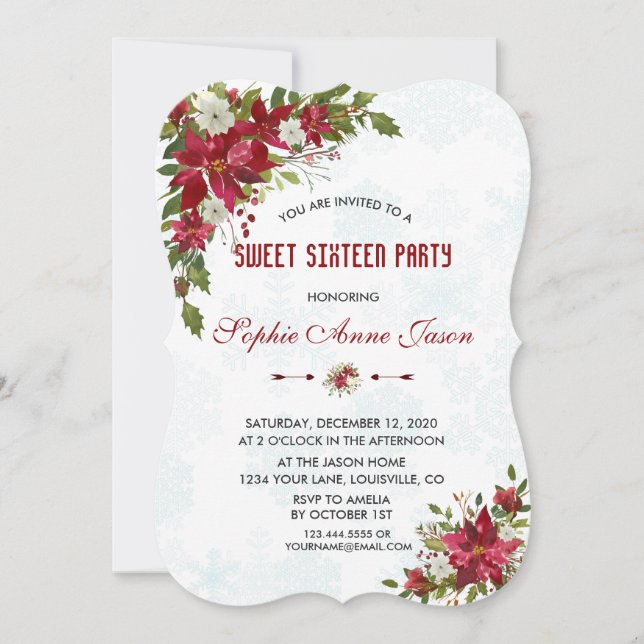 Christmas Snowflakes Poinsettia Sweet Sixteen Invitation (Front)