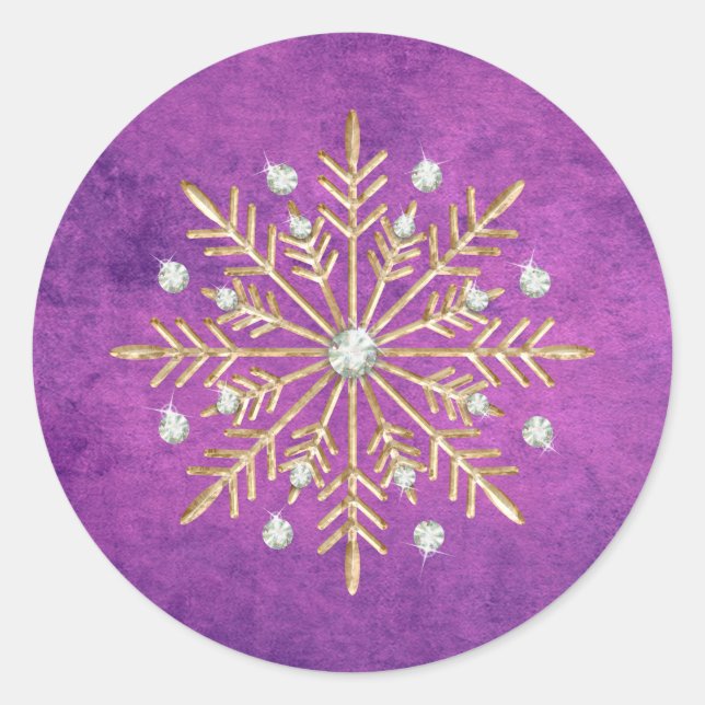 Christmas Snowflakes Purple & Gold Classic Round Sticker (Front)