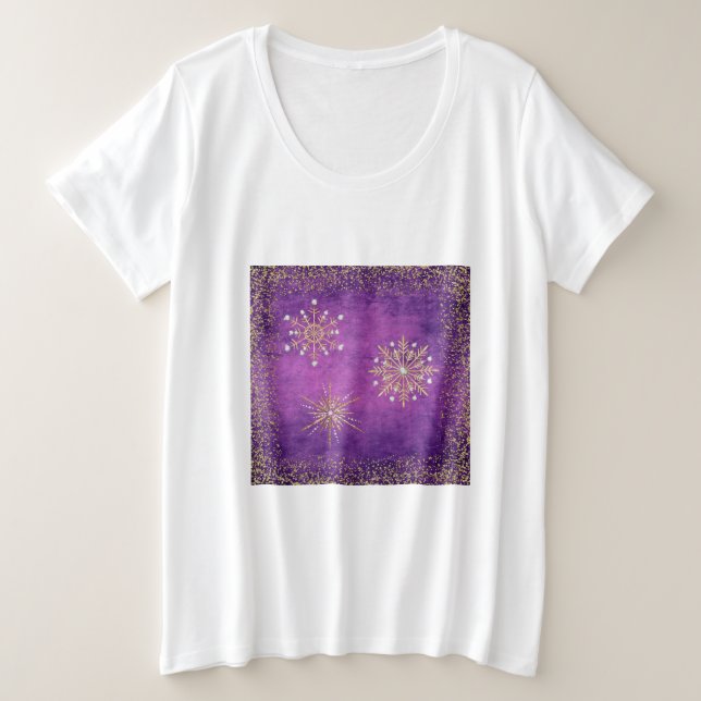 Christmas Snowflakes Purple & Gold Glitter Plus Size T-Shirt (Design Front)