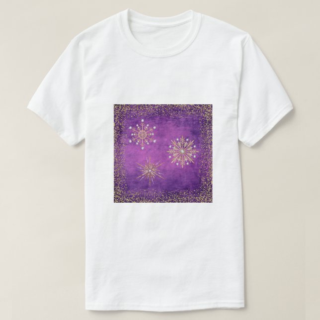 Christmas Snowflakes Purple & Gold Glitter T-Shirt (Design Front)