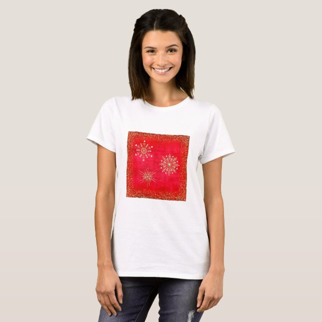Christmas Snowflakes Red & Gold Glitter T-Shirt (Front Full)