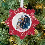 Christmas Snowflakes red Photo Ornament Card<br><div class="desc">Elegant Christmas ornament card with snowflakes and your favourite photo. Personalise your message on the backside.</div>