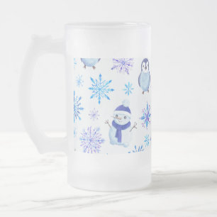 Christmas Snowflakes, Snowmen and Penguins Frosted Glass Beer Mug