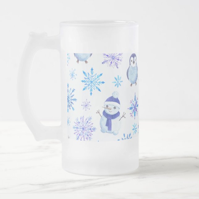 Christmas Snowflakes, Snowmen and Penguins Frosted Glass Beer Mug (Left)