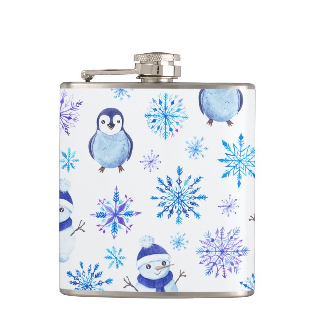 Christmas Snowflakes, Snowmen and Penguins Hip Flask (Front)