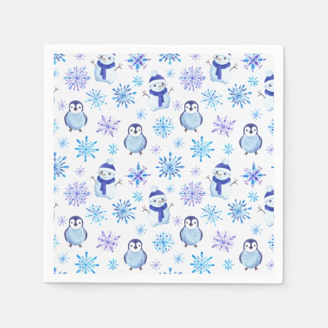 Christmas Snowflakes, Snowmen and Penguins Napkin (Front)