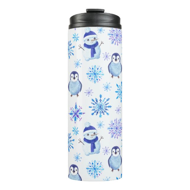 Christmas Snowflakes, Snowmen and Penguins Thermal Tumbler (Front)