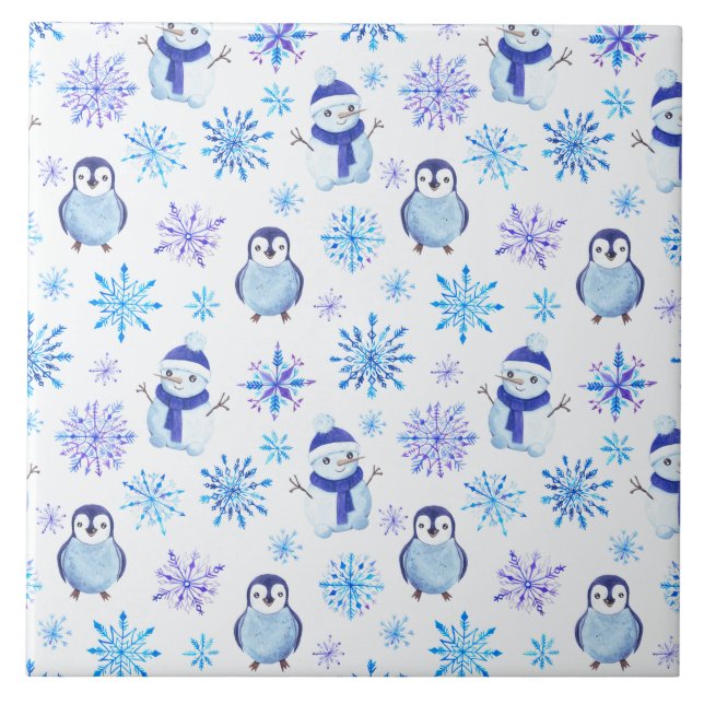 Christmas Snowflakes, Snowmen and Penguins Tile (Front)
