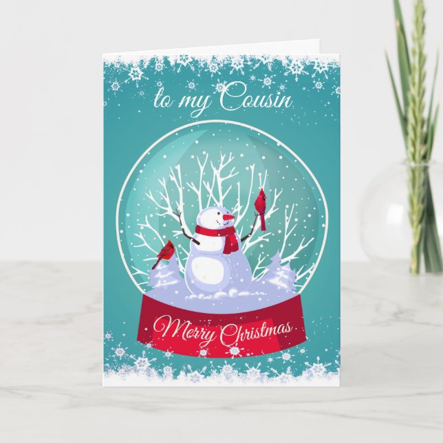 Christmas Snowglobe Snowman Cardinal Bird Cousin Holiday Card (Front)