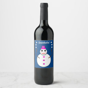 Christmas Snowlady Juggling Snowballs Funny Wine Label