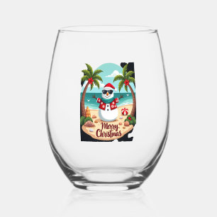 christmas Snowman (2) Stemless Wine Glass