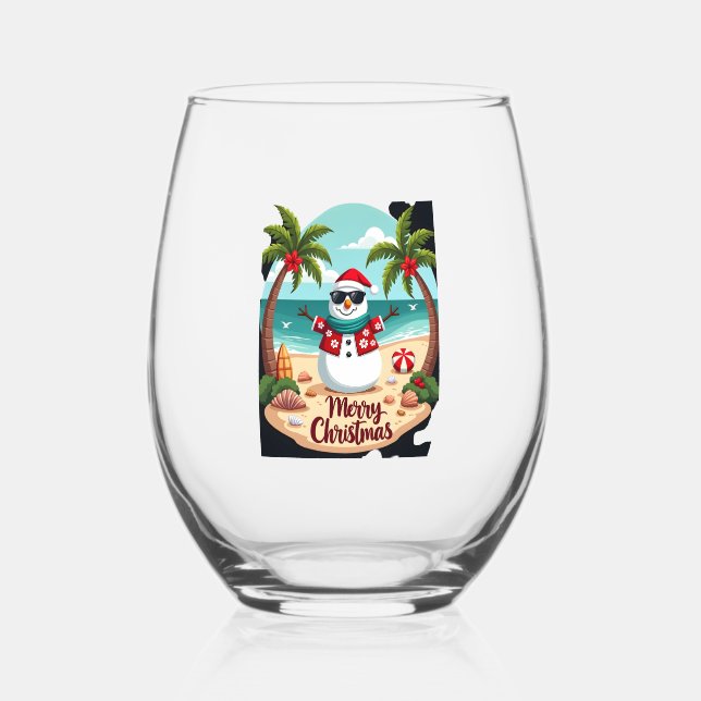 christmas Snowman (2) Stemless Wine Glass (Front)