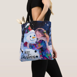 Christmas Snowman And A Girl Tote Bag