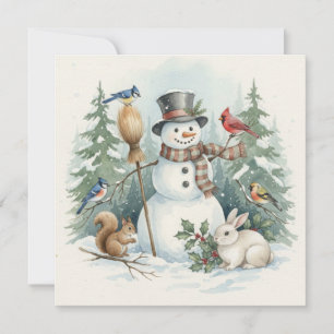 Christmas Snowman and Forest Birds, Animals  Holiday Card