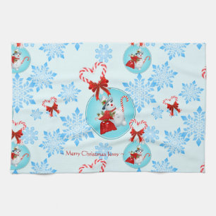 Christmas Snowman and Gentle Snowflakes Tea Towel