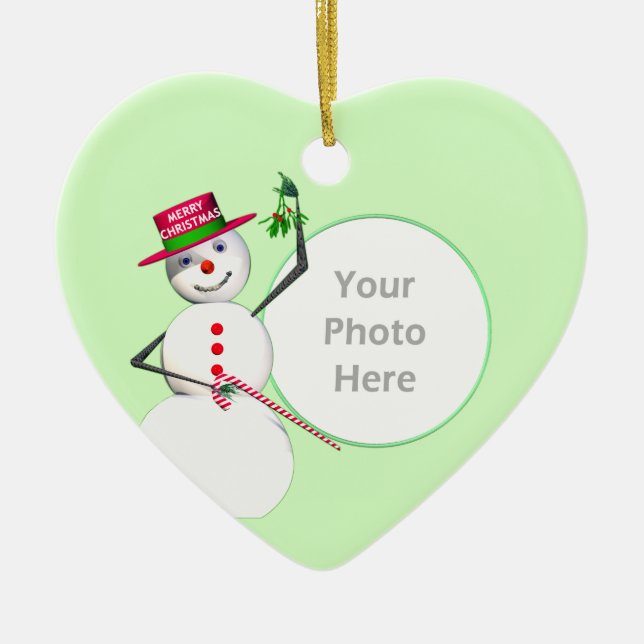 Christmas Snowman and Mistletoe (photo frame) Ceramic Tree Decoration (Front)