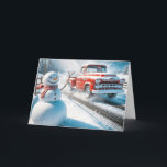 Christmas Snowman and Red Retro Truck<br><div class="desc">A cheerful snowman stands beside a road as a vintage red truck drives by in a snowy landscape from a business to a customer.
All text can be changed.</div>