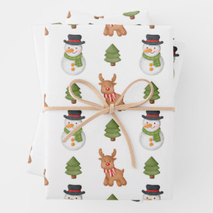 Christmas Snowman and Reindeer White  Wrapping Paper Sheet