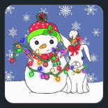 Christmas Snowman and Snow Bunny Square Sticker<br><div class="desc">Cute hand drawn whimsical cartoon snowman and little white bunny,  with red and green accents and pretty falling snowflakes. These are adorable to seal Christmas card envelopes or candy favour bags.</div>