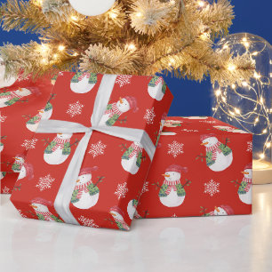 Christmas Snowman and Snowflakes Red  Wrapping Paper