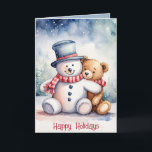 Christmas Snowman And Teddy Bear Holiday Card<br><div class="desc">Cute watercolor brown teddy bear in snowflakes with snowman.
Text is editable.</div>