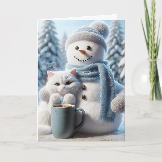 Christmas Snowman And White Cat Holiday Card (Front)