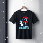 Christmas snowman  baby T-Shirt<br><div class="desc">Cute white snowman with Christmas candy and text Happy holidays</div>