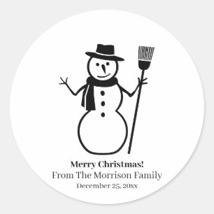 Christmas snowman black white custom name date classic round sticker