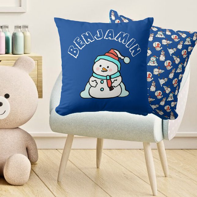 Christmas Snowman Boys Name | Blue Cushion (Front And Back - Boys Playroom)