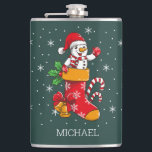 Christmas Snowman Candy Cane Hip Flask<br><div class="desc">This cute snowman having a cosy time in a stocking is perfect for the cold winter day or night. You can customise the name by clicking the "personalise" button to make it your own</div>
