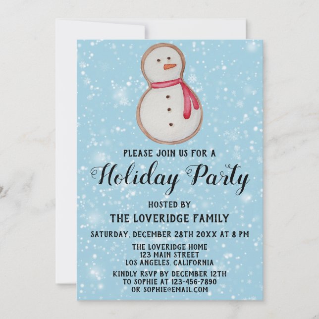 Christmas Snowman Cookie Holiday Party Blue Snow Invitation (Front)