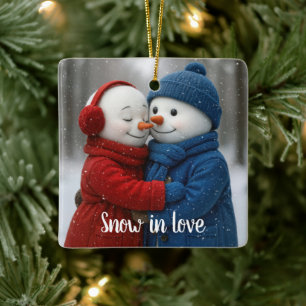 Christmas Snowman Couple in Snowflakes Ceramic Ornament