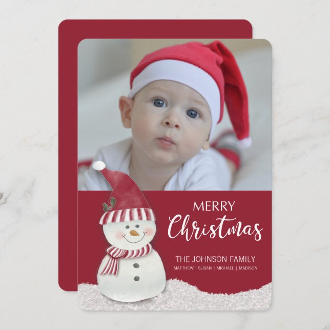 Christmas Snowman Custom Photo-Name Holiday Card (Front/Back)
