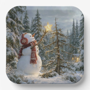 Christmas Snowman Decorating a Pine Tree Paper Plate