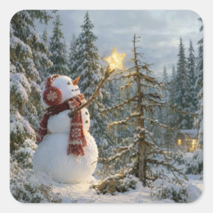 Christmas Snowman Decorating a Pine Tree Square Sticker