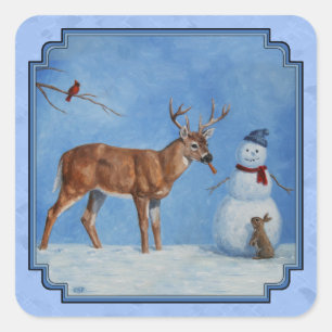 Christmas Snowman Deer Cute Bunny Blue Square Sticker