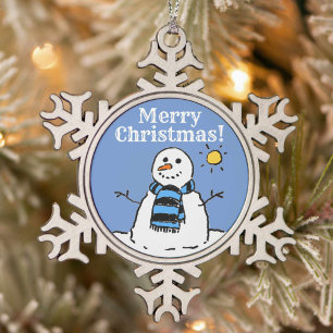 Christmas Snowman Design with Merry Christmas Snowflake Pewter Christmas Ornament