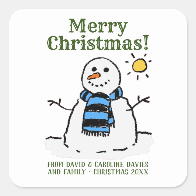 Christmas Snowman Design with Personal Greeting Square Sticker (Front)