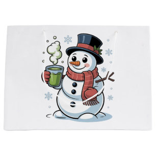 Christmas Snowman Drinkinh Green Matcha Large Gift Bag