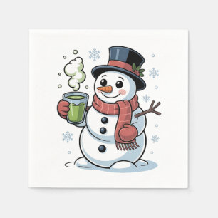 Christmas Snowman Drinkinh Green Matcha Napkin