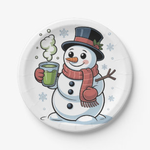Christmas Snowman Drinkinh Green Matcha  Paper Plate