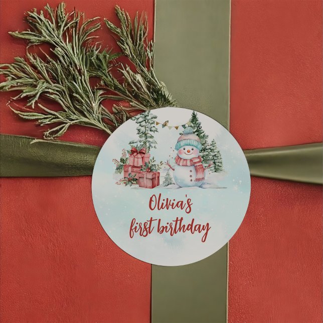 Christmas Snowman First Birthday Classic Round Sticker (Creator Uploaded)